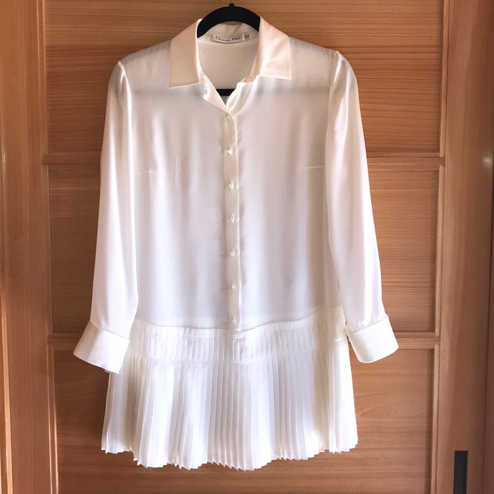 Dior White Silk Pleated Long Sleeve Shirt Dress